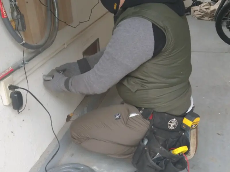 Electrician performing outlet wiring in a Highland Beach garage